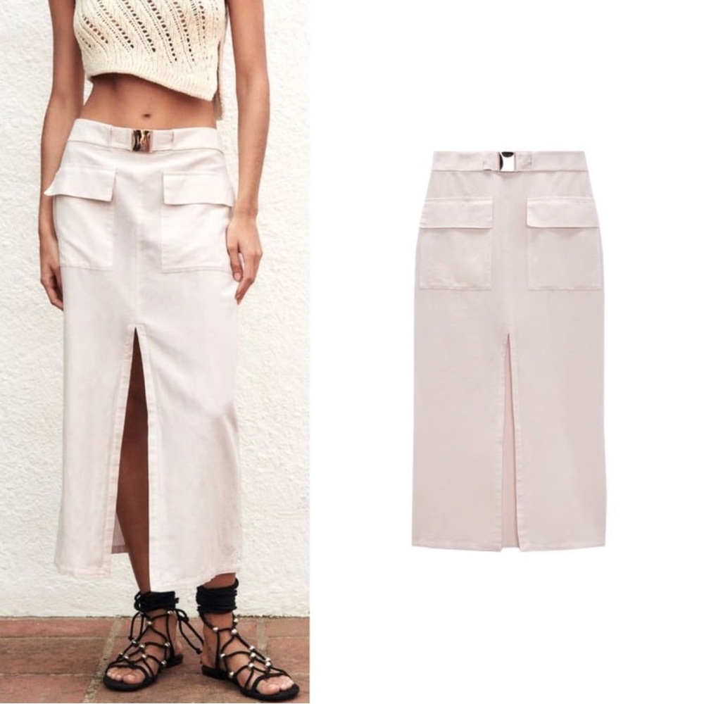 Zara Beige High-Waist Midi Skirt with Front Slit - Picture 2 of 5